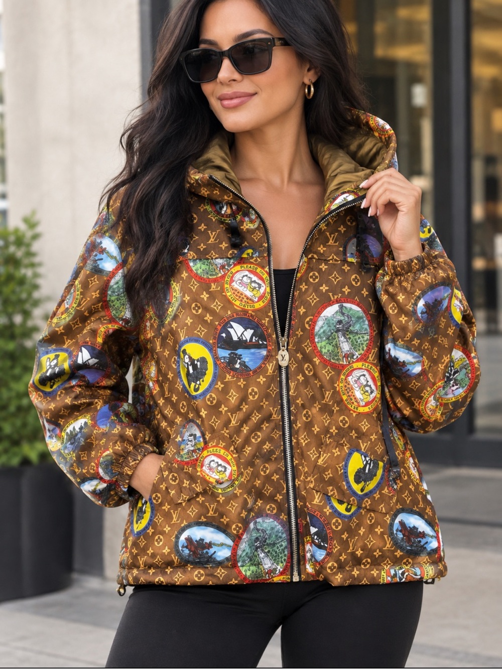 NWT Women's Brown Printed Zip-Front Hooded Jacket